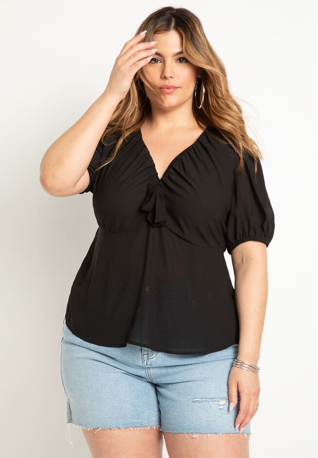 Tunnel Neck Blouse With Puff Sleeve, BLACK ONYX, hi-res image number null