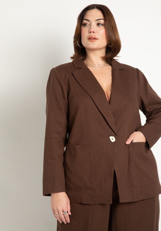 Pearl Detail Linen Blazer, CHOCOLATE FONDANT, hi-res image number null