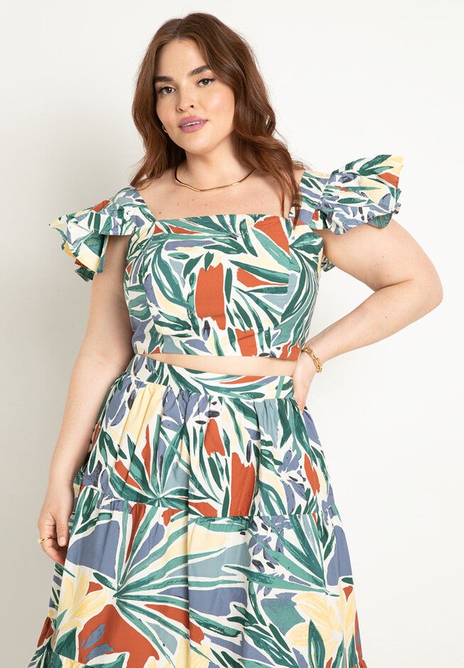 Ruffle Sleeve Printed Crop Top, , alternate image number null