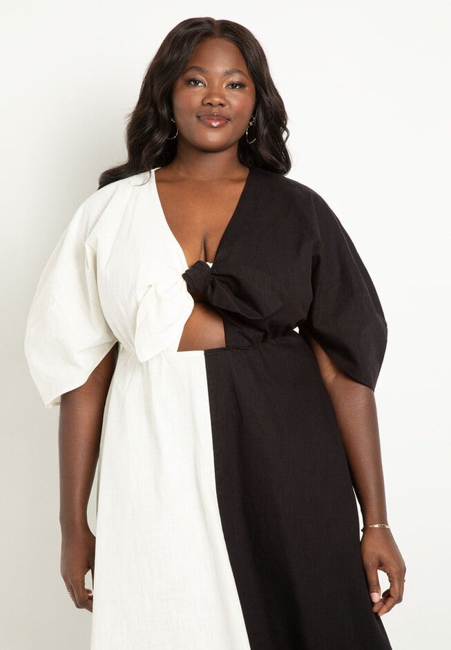 Two-Tone Linen Dress With Tie Front, , alternate image number null