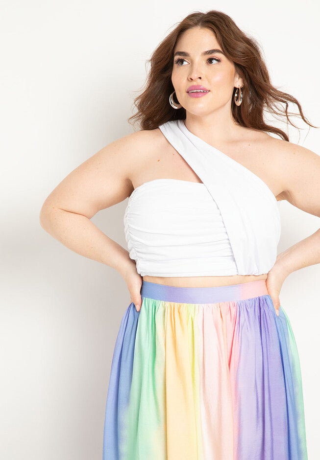 Asym Neckline Shirred Crop Top, BRIGHT WHITE, hi-res image number null