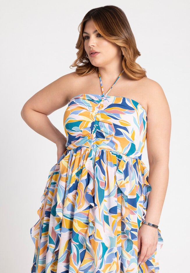 Halter Neck Ruffle Maxi Dress, MOSAIC BOTANIC, alternate image number null