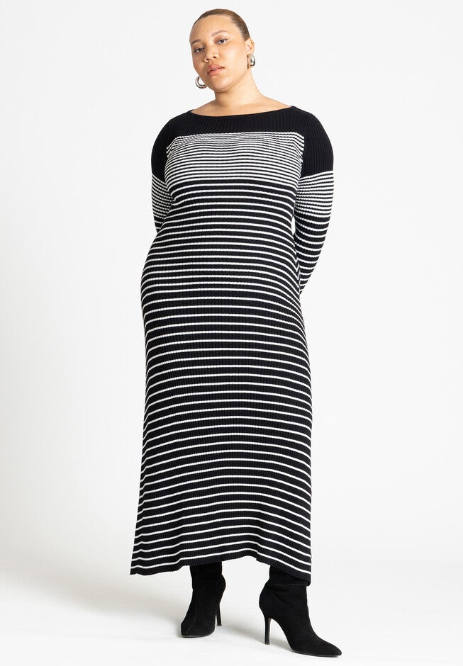 Striped Sweater Dress, BLACK AND WHITE STRIPE, hi-res image number null