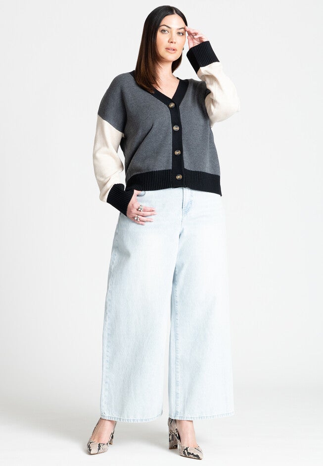 Colorblocked Boxy Cardigan, HEATHER GREY, alternate image number null