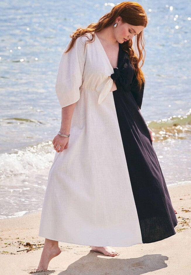 Two-Tone Linen Dress With Tie Front, BLACK ONYX SNOW WHIT, hi-res image number null