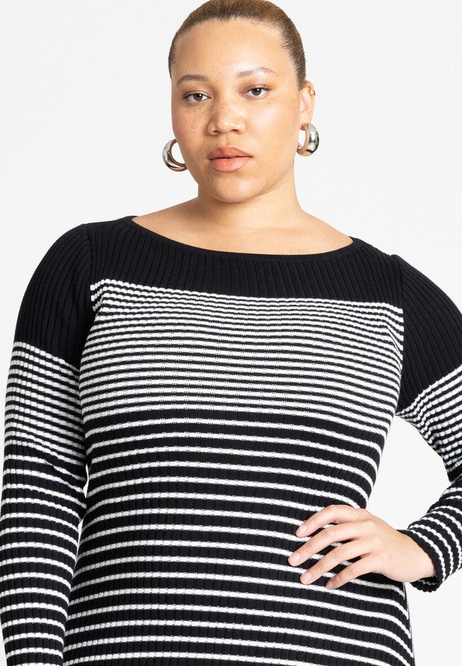Striped Sweater Dress, BLACK AND WHITE STRIPE, alternate image number null