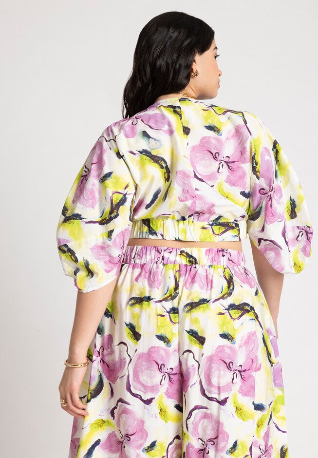 Puff Sleeve Tie Front Crop Top, ABSTRACT FLORAL FLOURISH, on-hover image number null