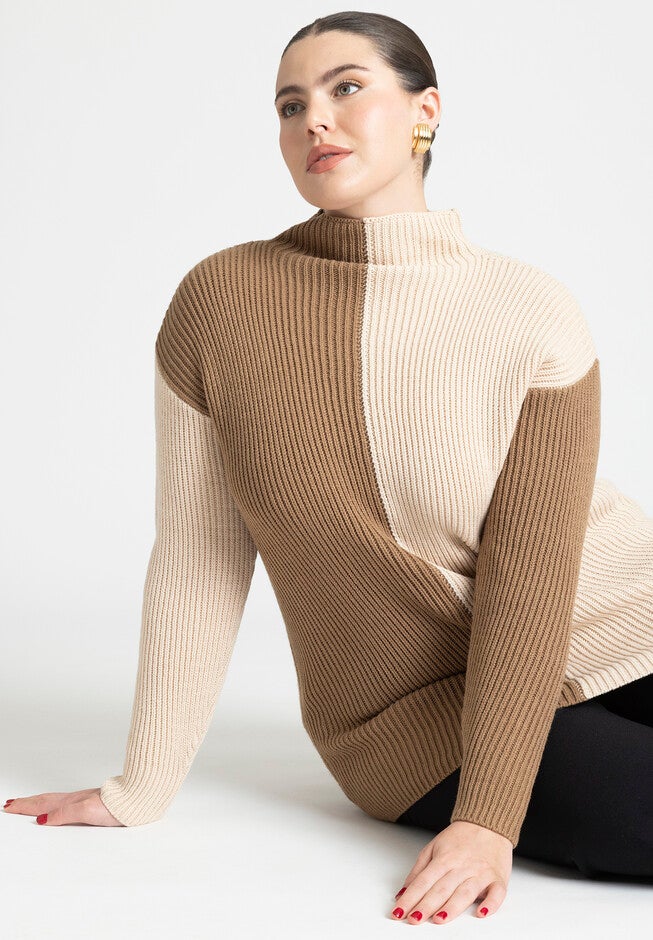 Mock Neck Colorblock Sweater, SMOKE GRAY COCA MOCH, alternate image number null