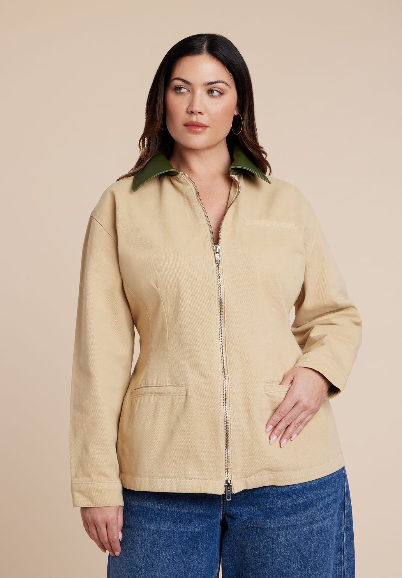 Nipped Waist Barn Jacket With Faux Leather Collar