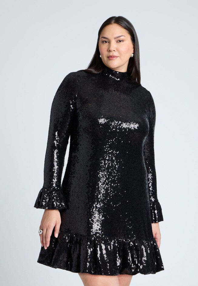 Sequin Ruffle Mini Dress, BLACK ONYX, alternate image number null