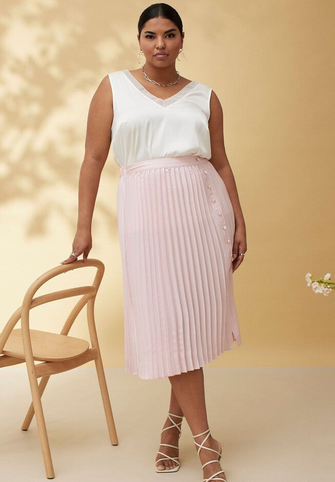Pleated Button Detail Midi Skirt, VEILED PINK, hi-res image number null
