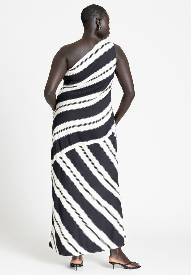 One Shoulder Stripe Dress, DIAGONAL VARIGATED STRIPE, on-hover image number null