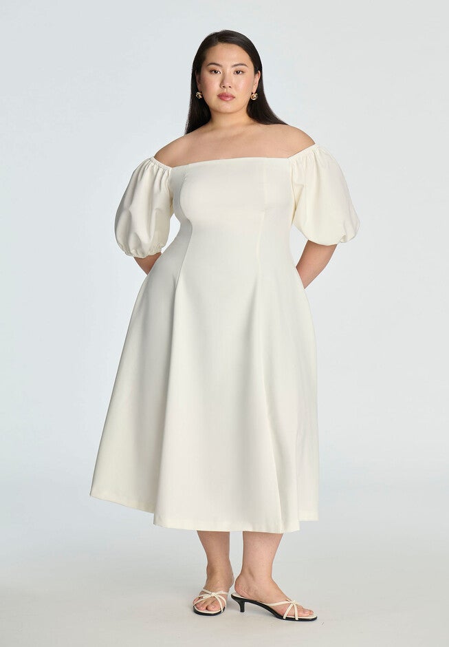 Off The Shoulder Puff Sleeve Midi Dress, SUGAR SWIZZLE, hi-res image number null