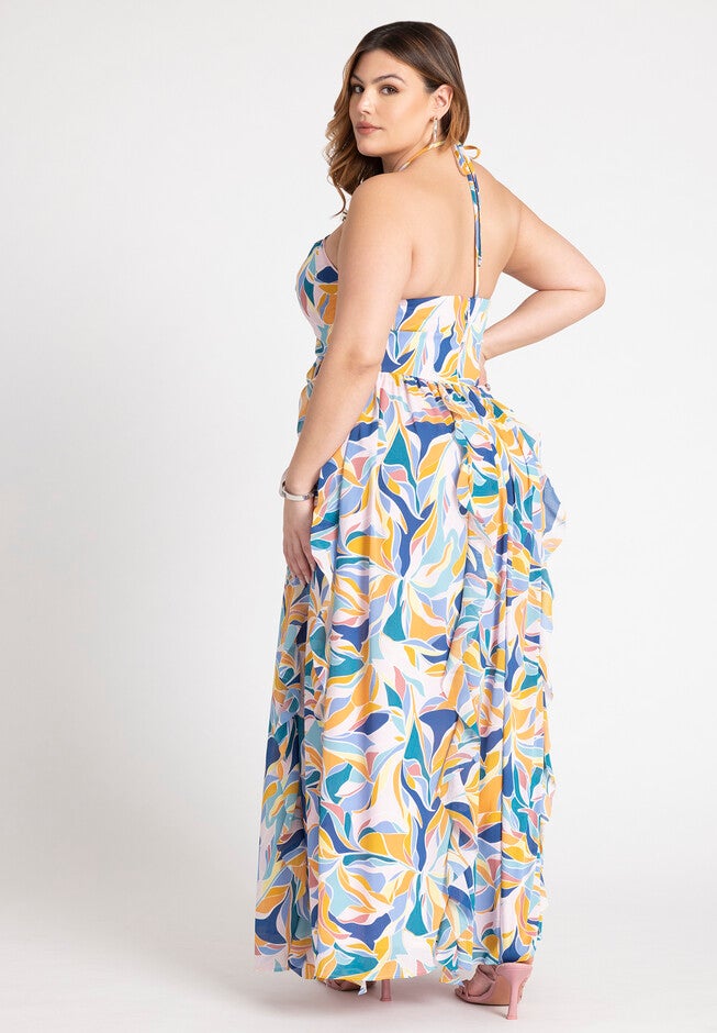 Halter Neck Ruffle Maxi Dress, MOSAIC BOTANIC, on-hover image number null