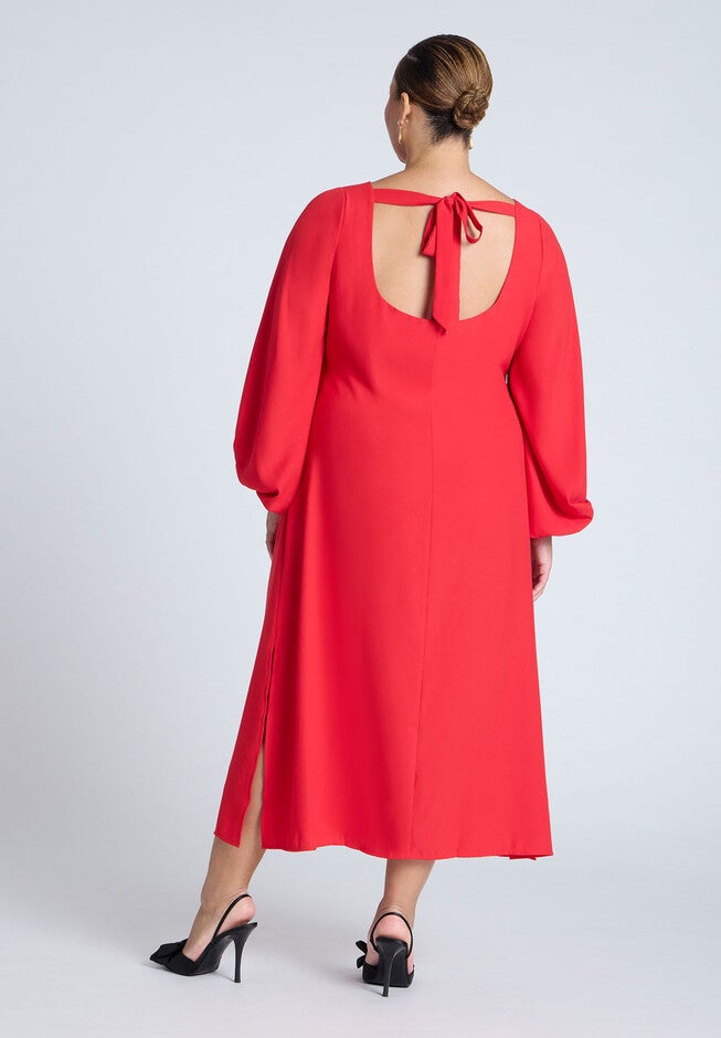 Puff Sleeve Open Back Midi Dress, PATROL RED, on-hover image number null