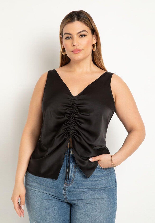 Shirred Front Satin Tank, BLACK ONYX, hi-res image number null