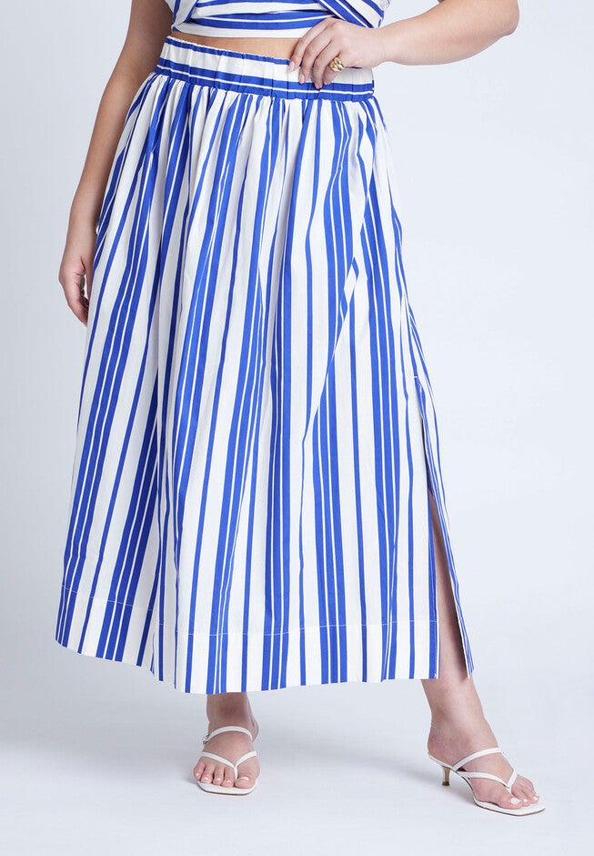 Poplin Maxi Skirt With Side Slits, RIVIERA STRIPE, alternate image number null