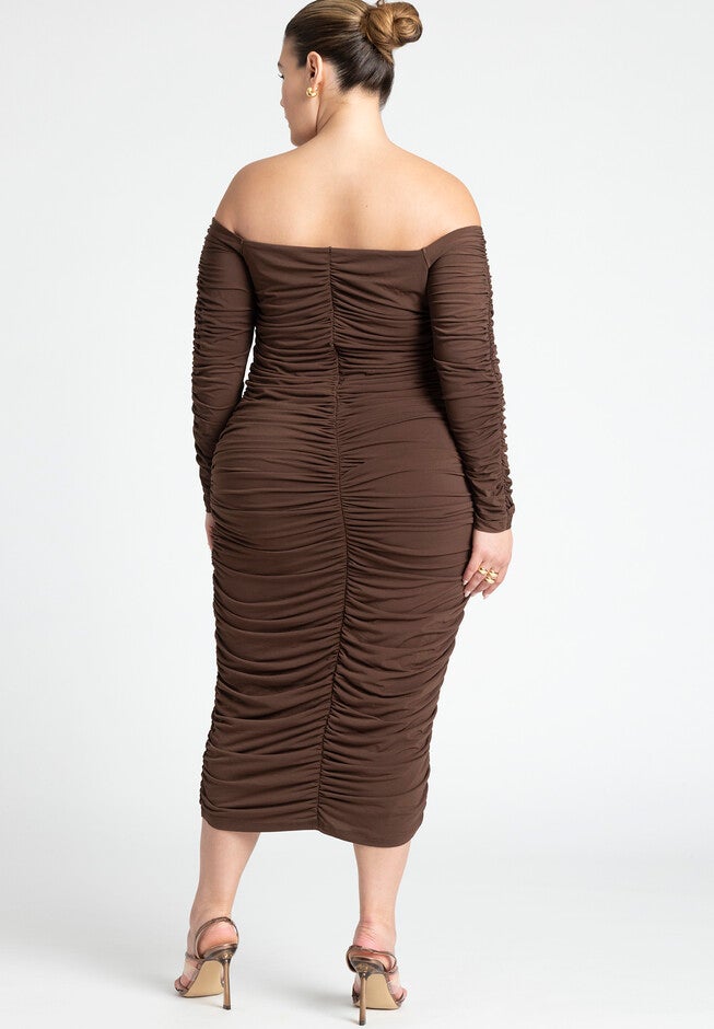 Ruched Off The Shoulder Dress, CHICORY COFFEE, on-hover image number null