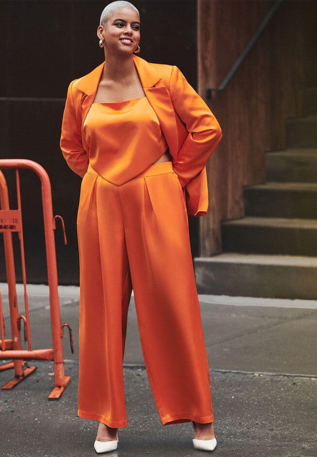 Pleated Wide Leg Satin Trouser, PERSIMMON ORANGE, hi-res image number null