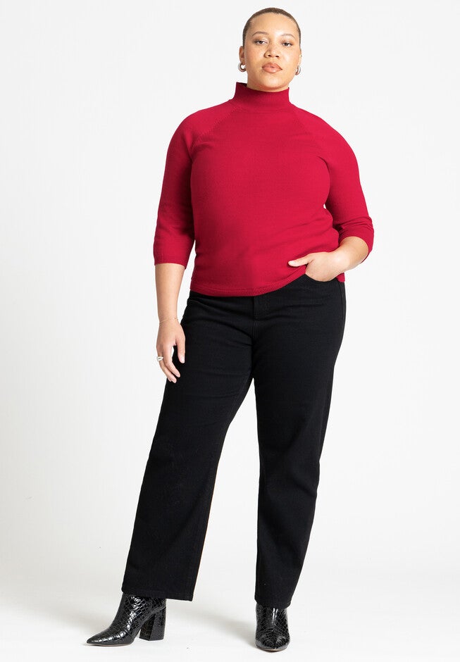 Three Quarter Sleeve Turtleneck Sweater, RED, alternate image number null