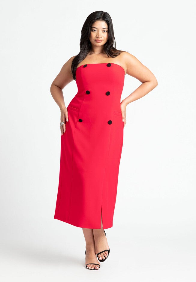 Strapless Double Breasted Midi Dress, HIGH RISK RED, hi-res image number null