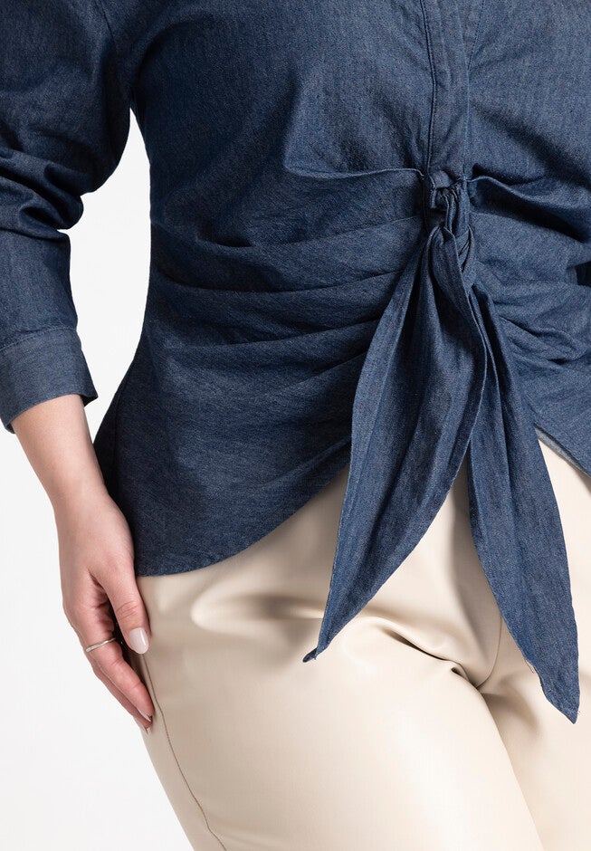 Tie Front Collared Blouse, MEDIUM WASH, alternate image number null