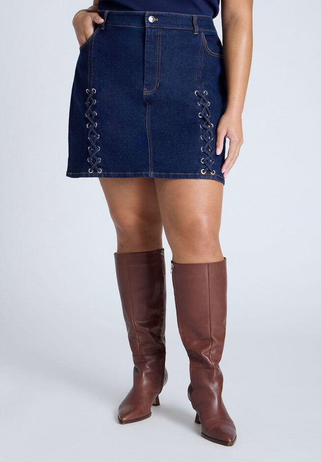 Laced Denim Mini Skirt, DARK RINSE, on-hover image number null