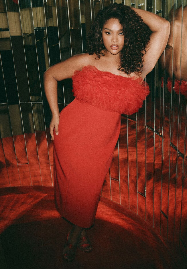Tulle Bodice Column Dress, BARBADOS CHERRY, hi-res image number null