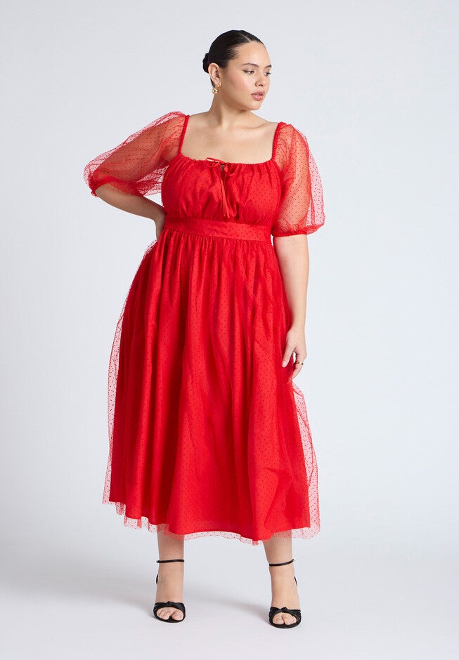 Puff Sleeve Tulle Flare Dress, BARBADOS CHERRY, on-hover image number null