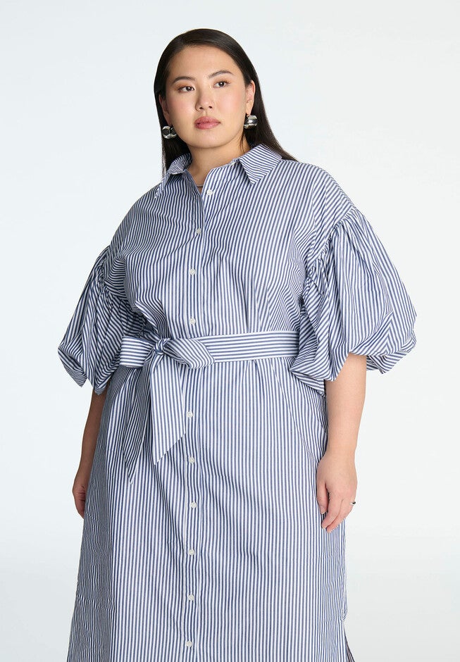Balloon Sleeve Shirt Dress, NAVY/WHITE STRIPE, alternate image number null