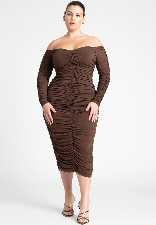 Ruched Off The Shoulder Dress, CHICORY COFFEE, hi-res image number null