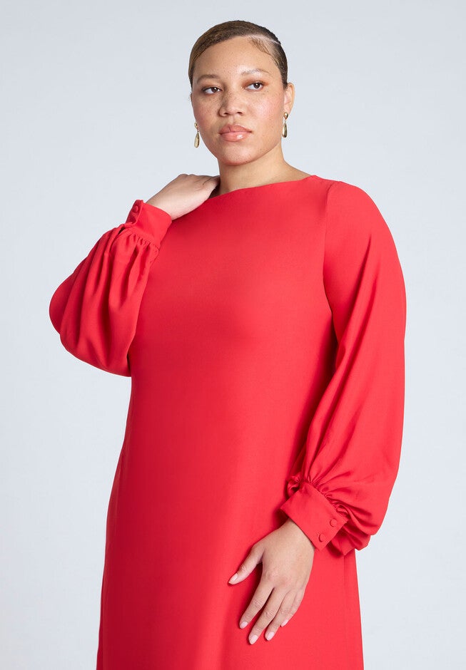 Puff Sleeve Open Back Midi Dress, PATROL RED, alternate image number null