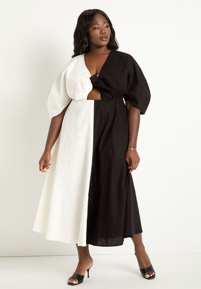 Two-Tone Linen Dress With Tie Front, , on-hover image number null