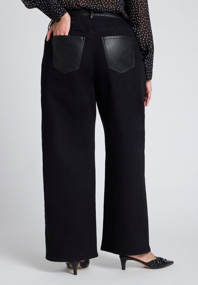 Faux Leather Detail Jeans, BLACK, alternate image number null