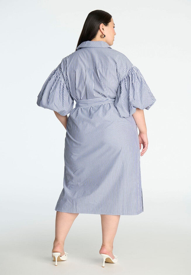 Balloon Sleeve Shirt Dress, NAVY/WHITE STRIPE, on-hover image number null