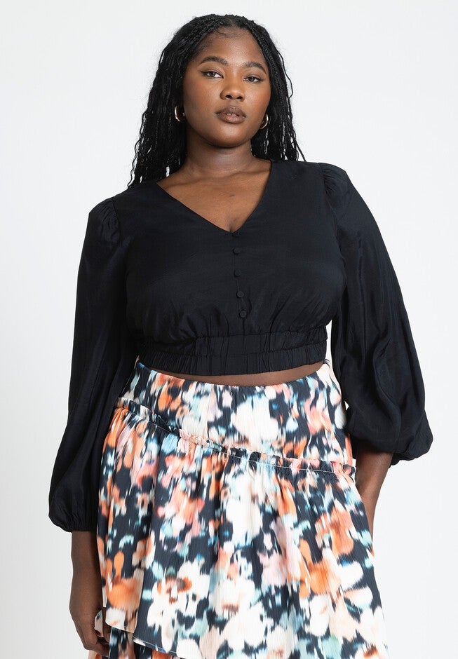 Puff Sleeve Crop Blouse, BLACK ONYX, hi-res image number null