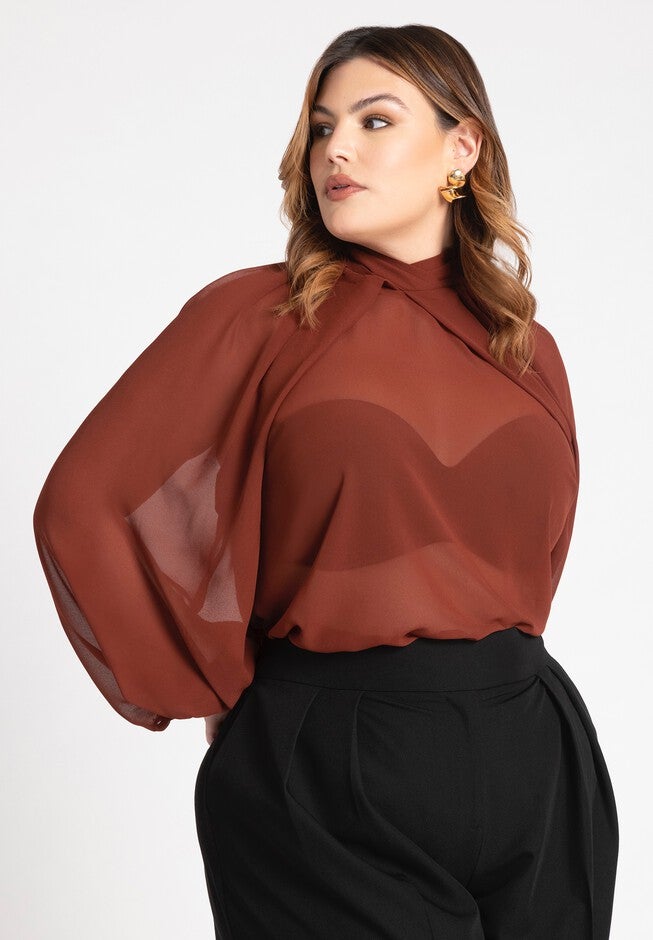 Draped Sleeve Chiffon Top, FIRED BRICK, hi-res image number null