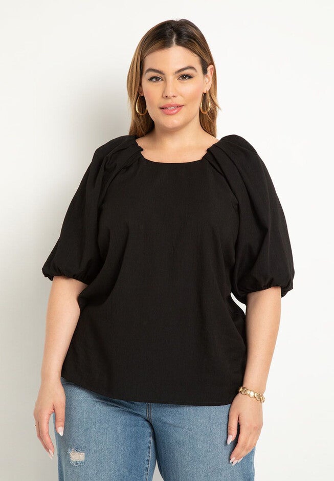 Puff Sleeve Textured Rayon Top, TOTALLY BLACK, hi-res image number null