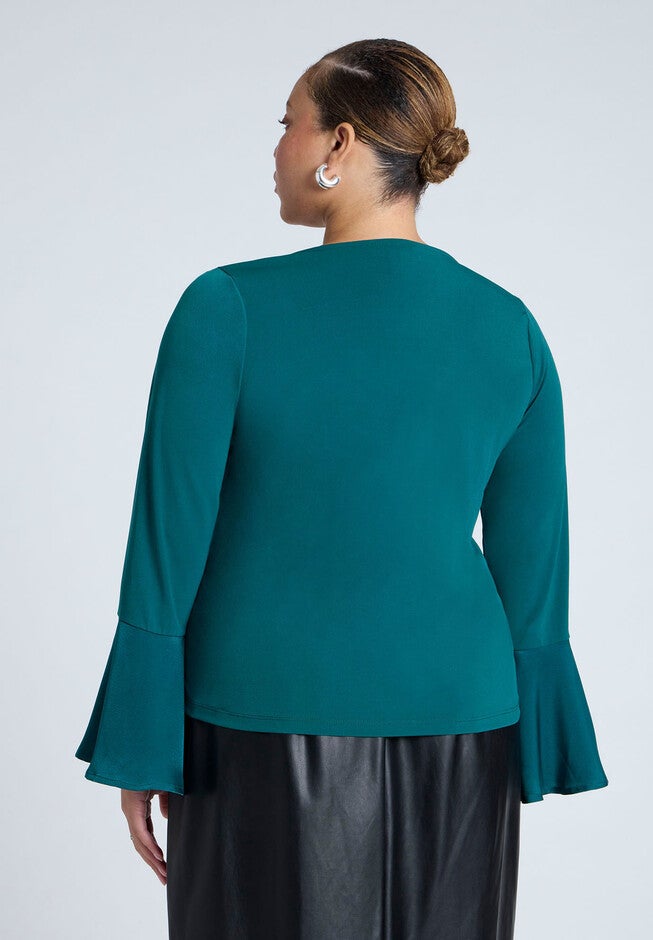 Ruffle Sleeve V-Neck Top, PROUD PEACOCK, on-hover image number null