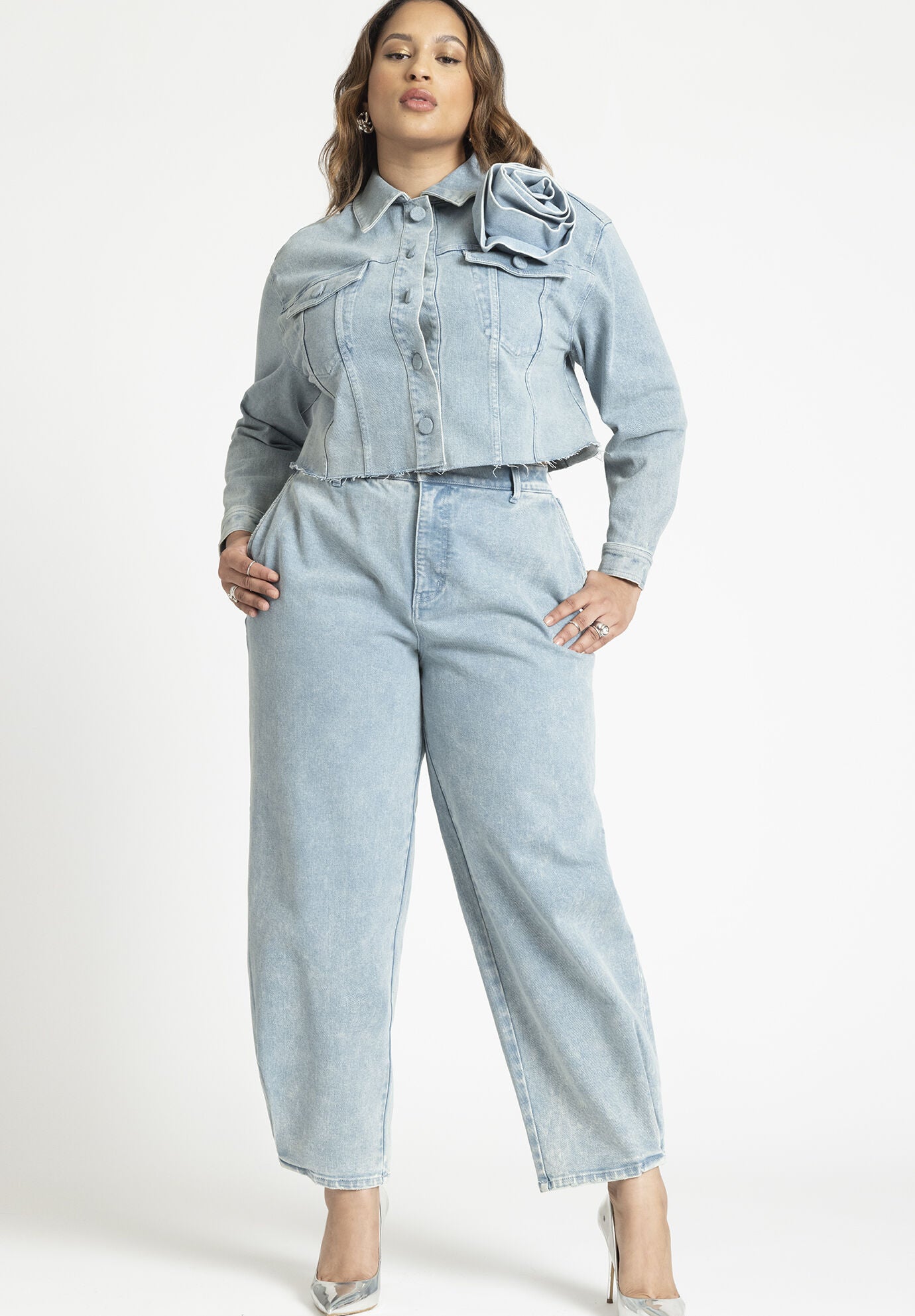 Denim Rosette Cropped Jacket, , alternate image number 3