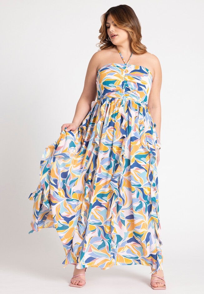 Halter Neck Ruffle Maxi Dress, MOSAIC BOTANIC, hi-res image number null