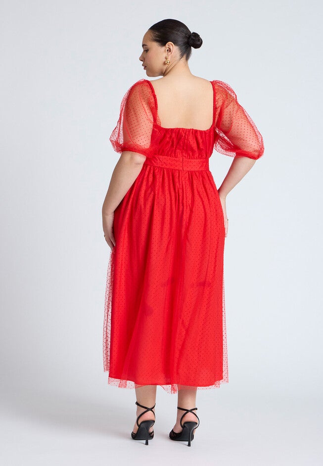 Puff Sleeve Tulle Flare Dress, BARBADOS CHERRY, alternate image number null