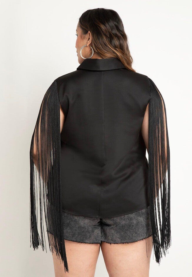 Button Down Top With Fringe Sleeves, , on-hover image number null