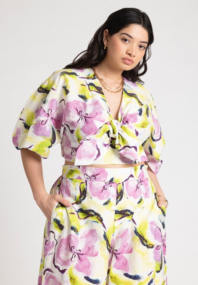 Puff Sleeve Tie Front Crop Top, ABSTRACT FLORAL FLOURISH, hi-res image number null