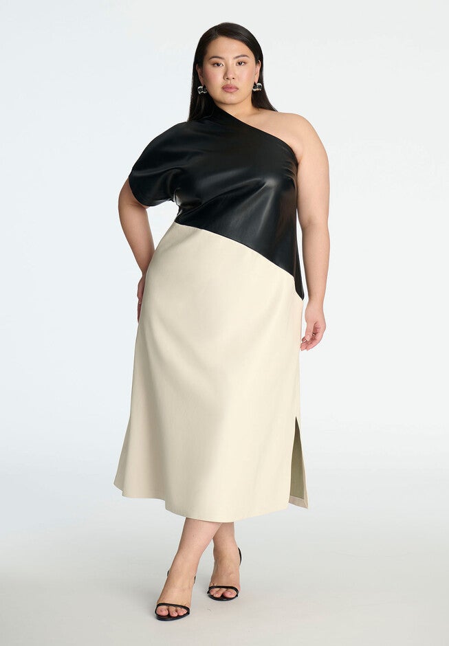 One Shoulder Colorblock Faux Leather Dress, BLACK SUGAR SWIZZLE, hi-res image number null