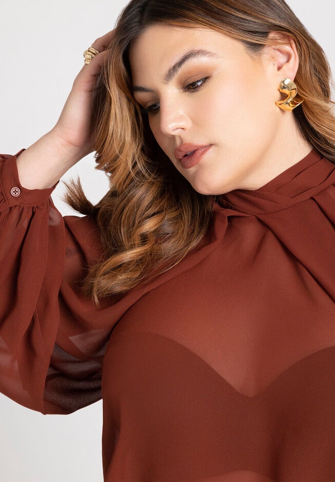 Draped Sleeve Chiffon Top, FIRED BRICK, alternate image number null