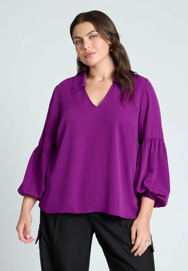 Balloon Sleeve Collared Blouse, WARM PURPLE, hi-res image number null