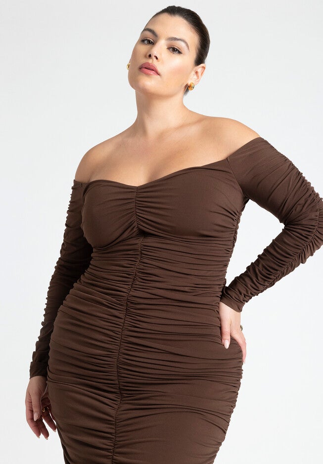 Ruched Off The Shoulder Dress, CHICORY COFFEE, alternate image number null