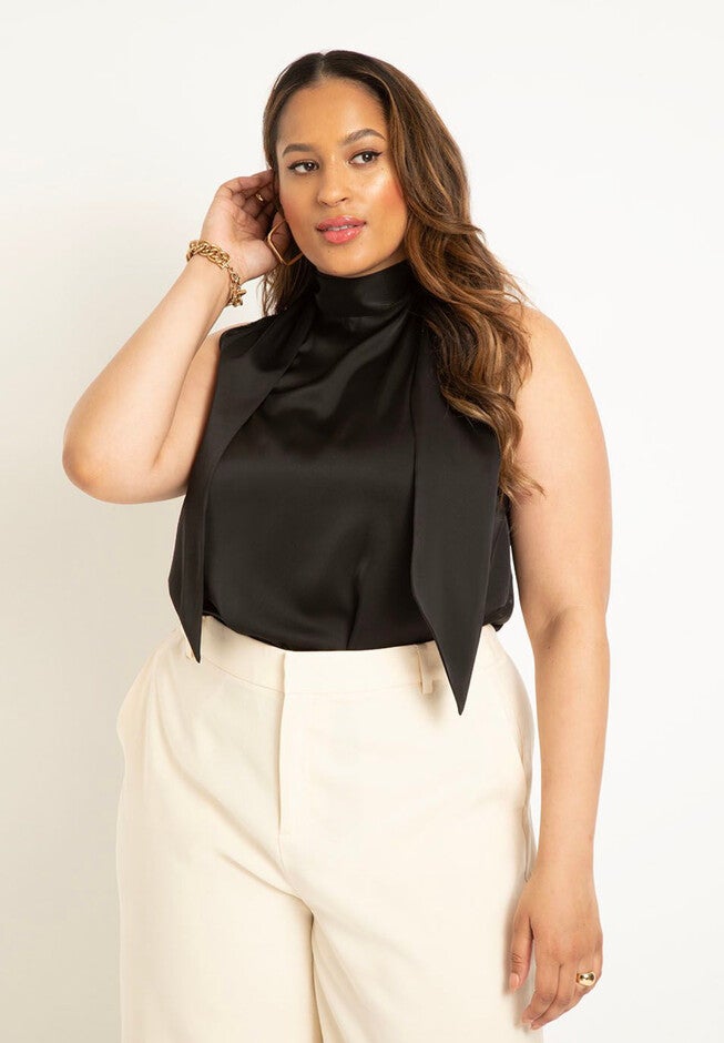 Scarf Neck Sleeveless Satin Top, BLACK ONYX, hi-res image number null