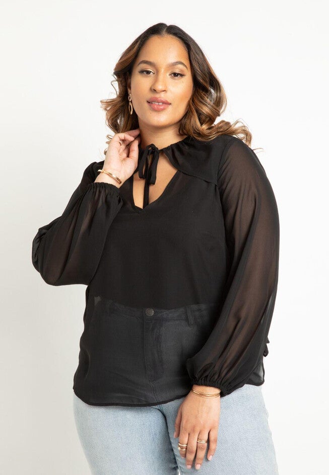 Neckline Detail Chiffon Blouse, BLACK, hi-res image number null
